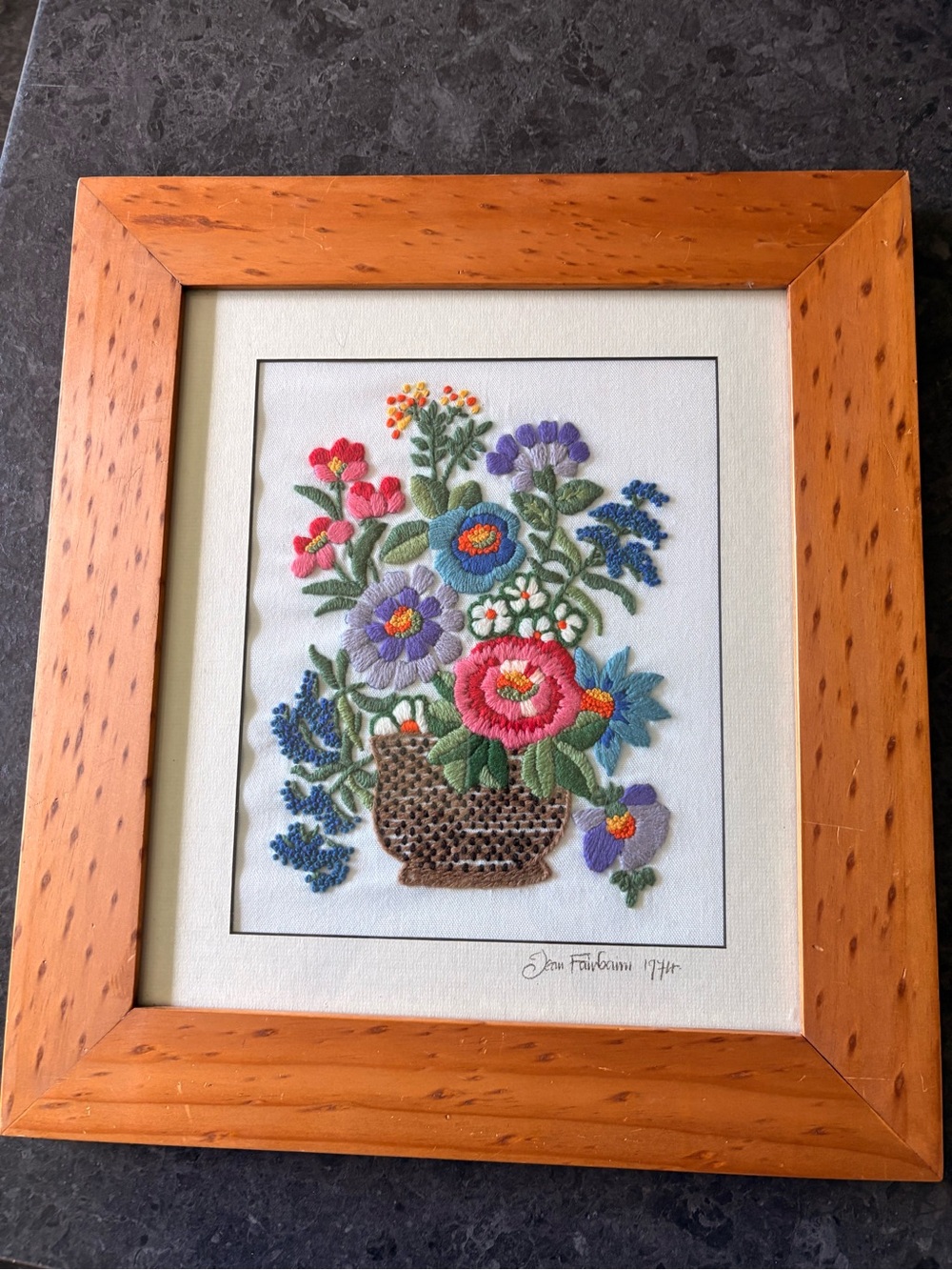 Hand-Embroidered Floral Basket Wall Art - Multicolor